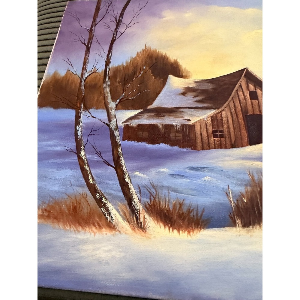 Vintage Barn Winter Landscape Oil Painting Signed‎ Big O 80 - Picture 8 of 10